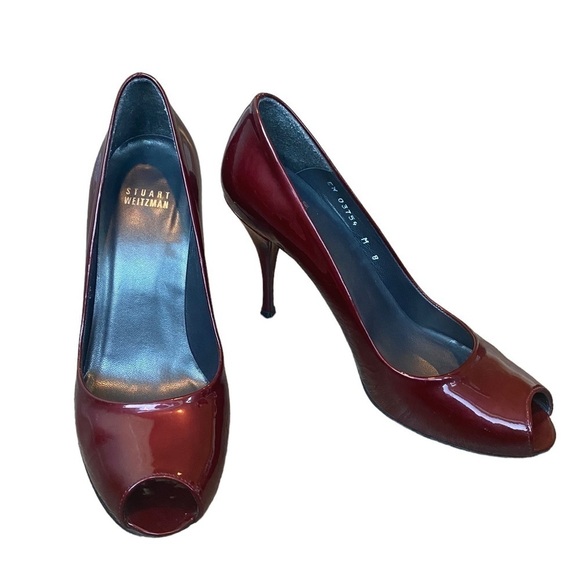 Stuart Weitzman Burgundy Red Stiletto Patent Leather Peep Toe Heels 8 - Picture 8 of 11
